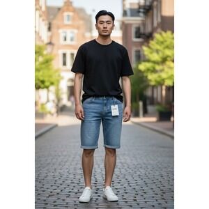 ICON Amsterdam Denim Shorts Men's 34 Blue Cuffed Hem Stretch Casual‎ NWT